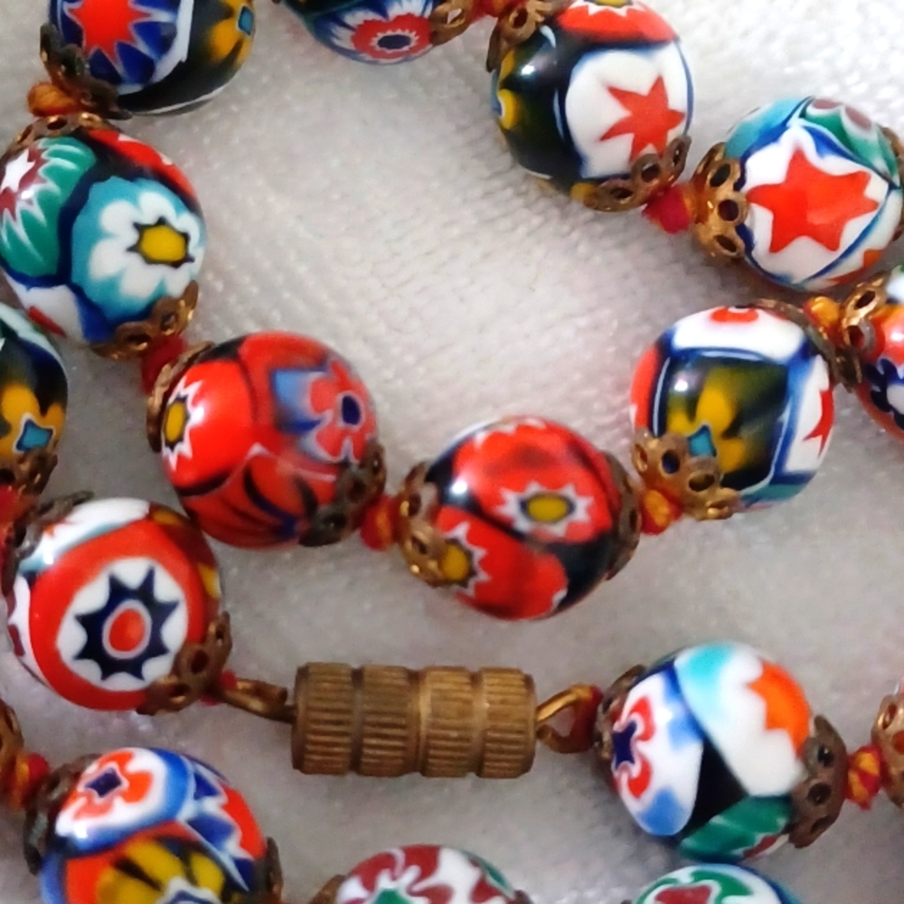 Murano Vintage Venetian MILLEFIORI GLASS Hand-Knotted Beads. Colorful 4 feet